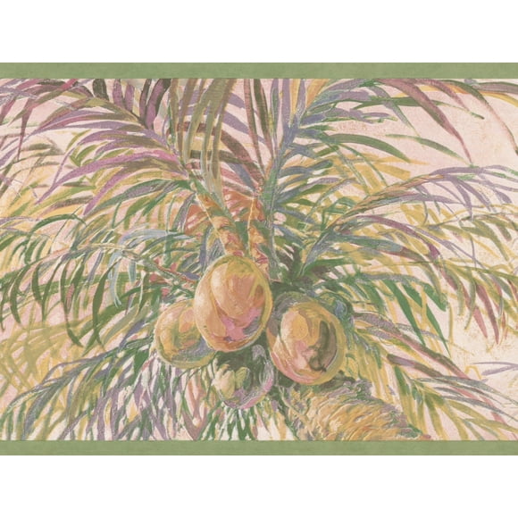 Coconuts on Palm Trees Blush Pink Wallpaper Border Retro Design, Roll 15' x 9"