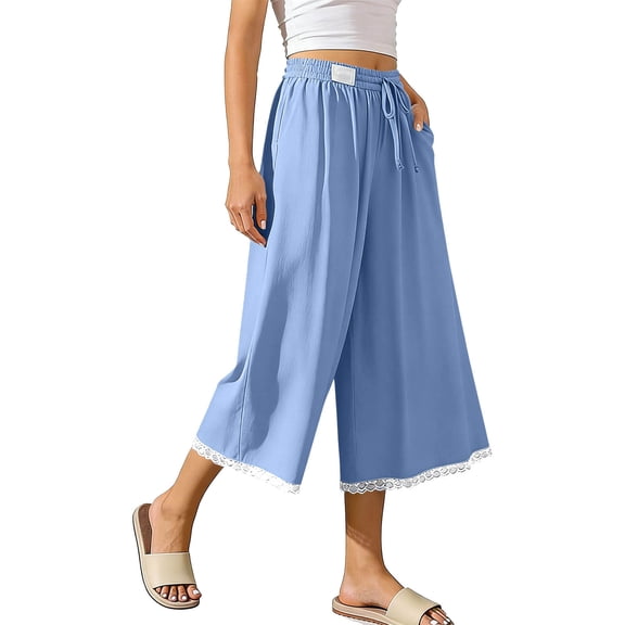 Noric Women's Capri Pants Wide Leg High Waisted Drawstring with Trim Pockets Summer Casual Loose Lace Capris