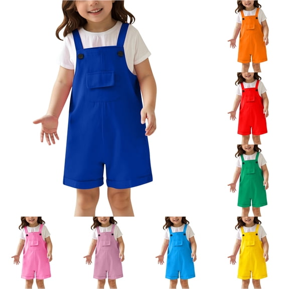 Huowey Girls Kids Teen Summer One Piece Overall Shorts Solid Color Sleeveless Adjustable Strap Square Collar Romper With Pockets Loose Fit Relaxed Short Jumpsuit Fashionable Outfits,Blue,3-4 Years