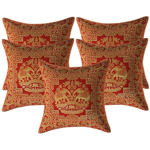 Stylo Culture Ethnic Couch Brocade Red And Gold Throw Pillow Covers 16x16 Jacquard Weave Banarsi Outdoor Pillow Covers Elephant Floral 40x40 cm Decorative Cushion Covers (Set Of 5)