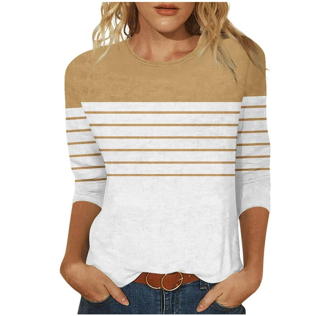 hotojiny 3/4 Length Sleeve Womens Tops Casual Striped Crew Neck Basic Shirts Plus Size Work Blouses Summer Fall 2025 Clothes