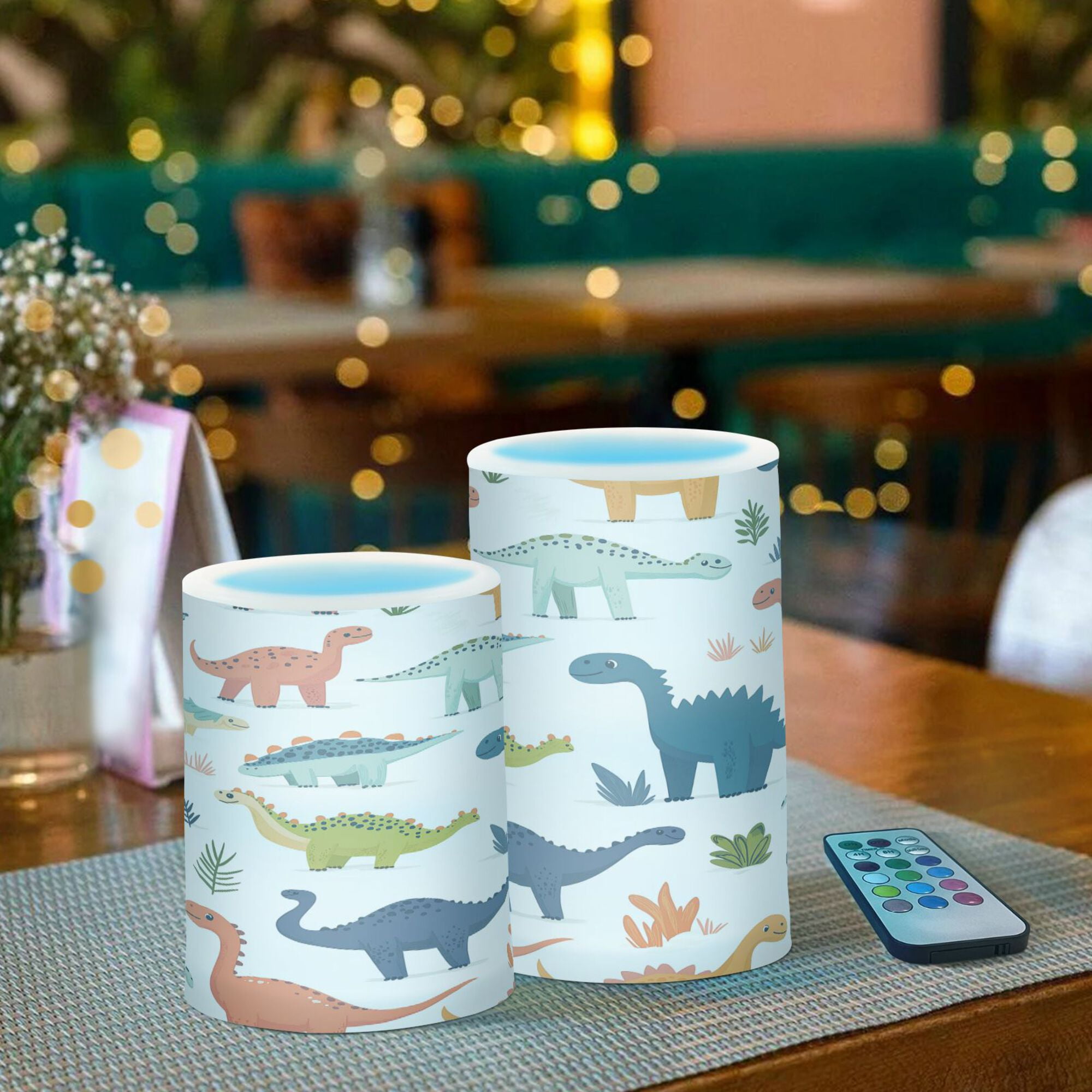 Yayeee Flameless Candles with Remote Flickering Battery Operated Multi Color Changing, Dinosaur Pattern