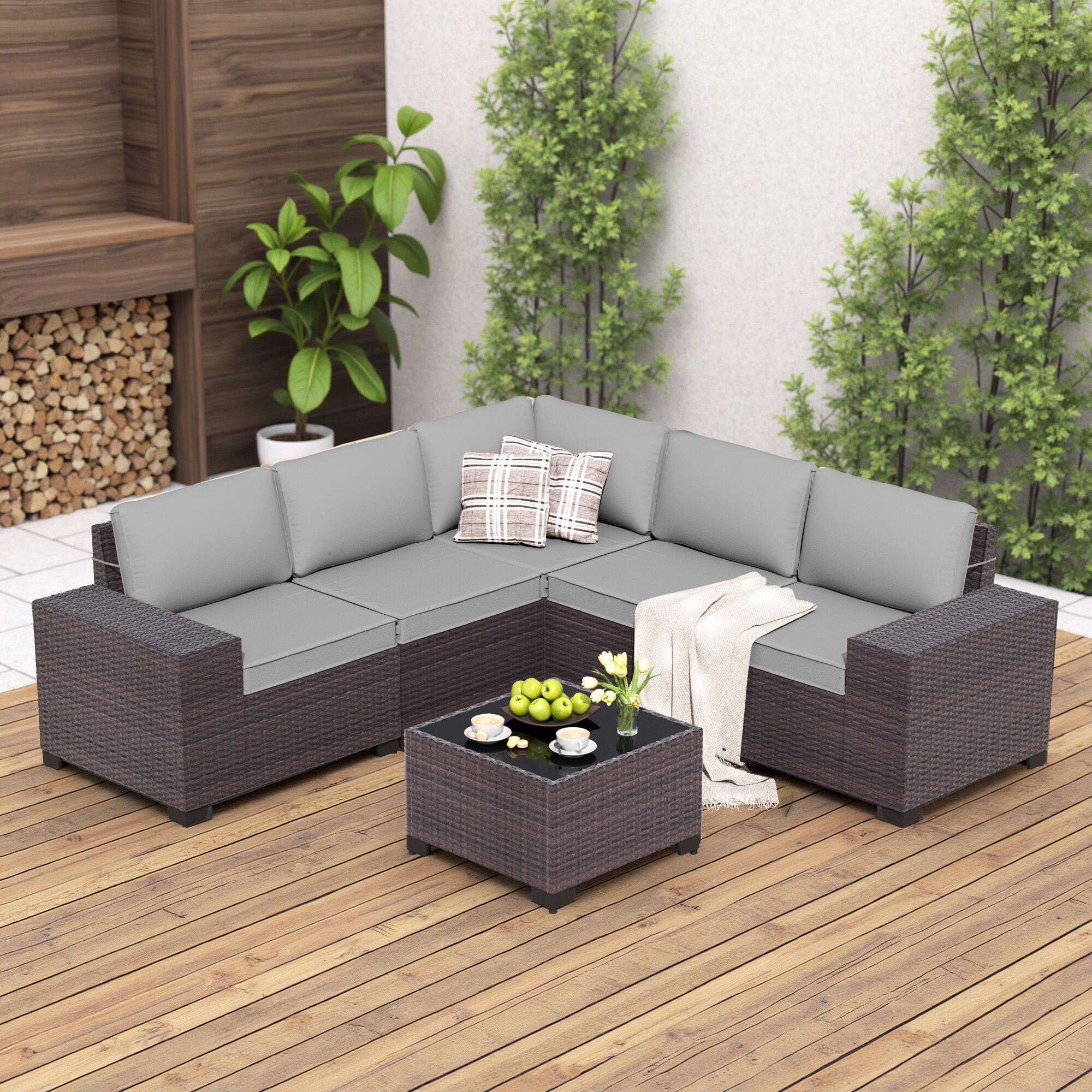 ALAULM 6 Pieces Patio Conversation Set, Outdoor Sectional PE Rattan Wicker Furniture Seat,Gray