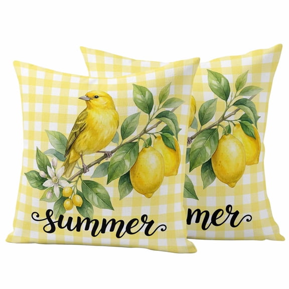 Pack of 2 Yellow Lemon Outdoor Pillow Covers Decorative, Waterproof Pillow Protector, Summer Farmhouse Fruits Birds Leaves Plaid Throw Pillowcases Accent Cushion Cases for Patio Couch Sofa 18"x18"