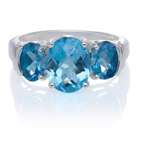 Blue Topaz Triple Oval Stones with White Topaz Sides Sterling Silver Ring, Size 7