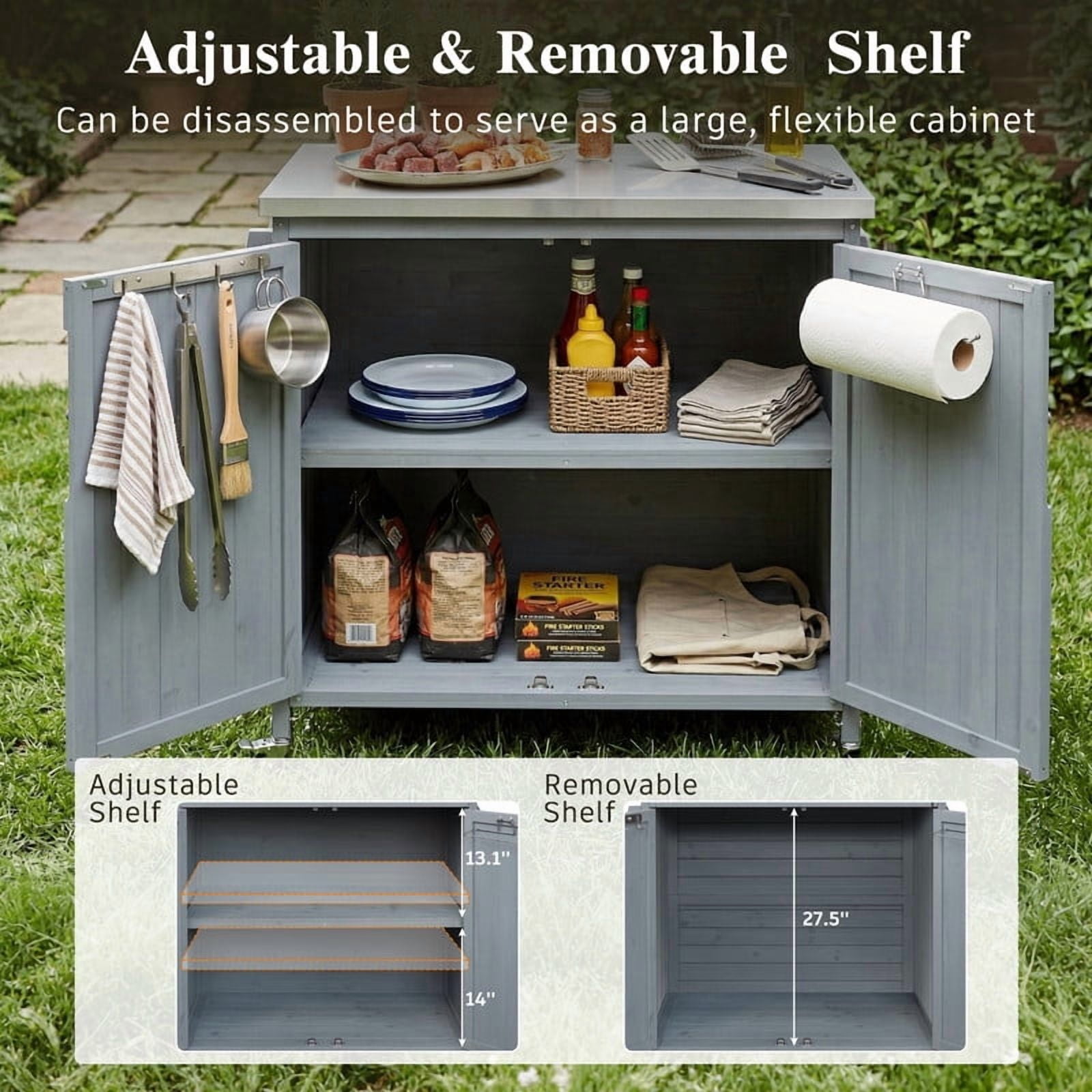 42" Outdoor Kitchen Island with Stainless Steel Top, Fir Wood Grill Cart Outdoor Storage Cabinet with Adjustable Shelf and 4 Wheels