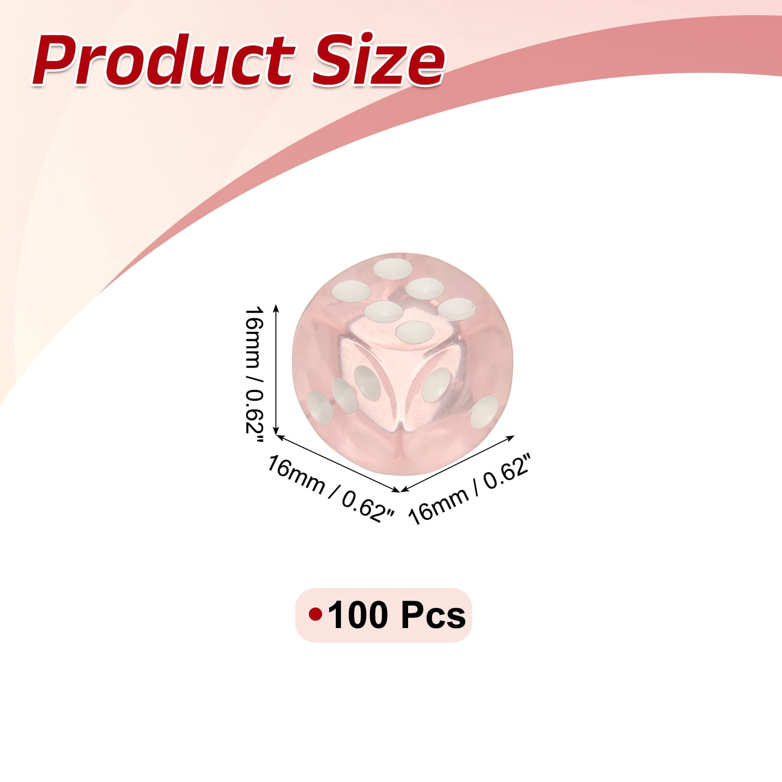 100Pcs Translucent Polyhedral Dice 16mm Square Dice W Rounded Edge, Pink