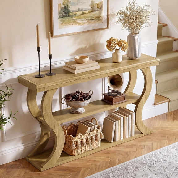Finmind 55" Console Table with 3-Tier Storage, Modern Farmhouse Entryway Sofa Table, Light Brown