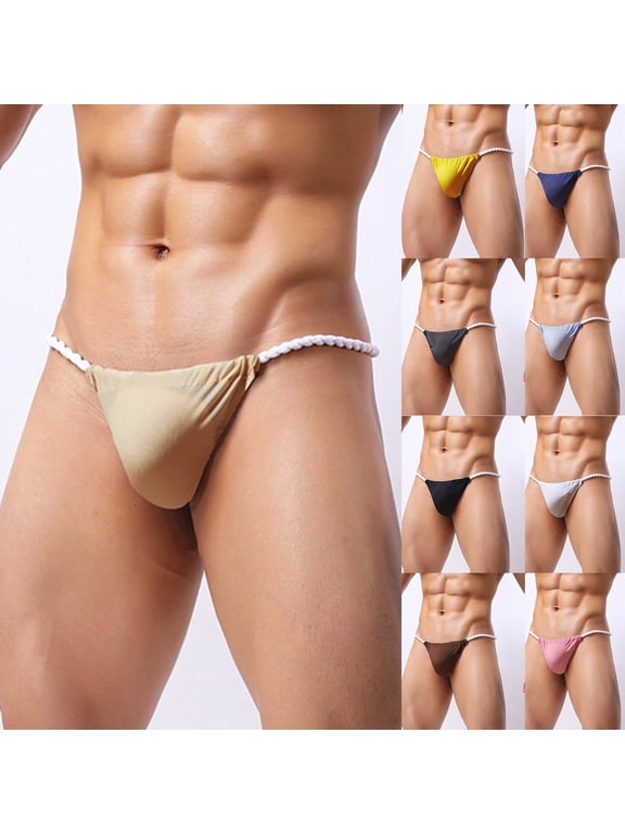 Men's Low Rise String Bikini Thong, Contour Pouch G-String Underwear, Breathable Ice Silk Swim Briefs for Beach/Daily Wear Blue,M