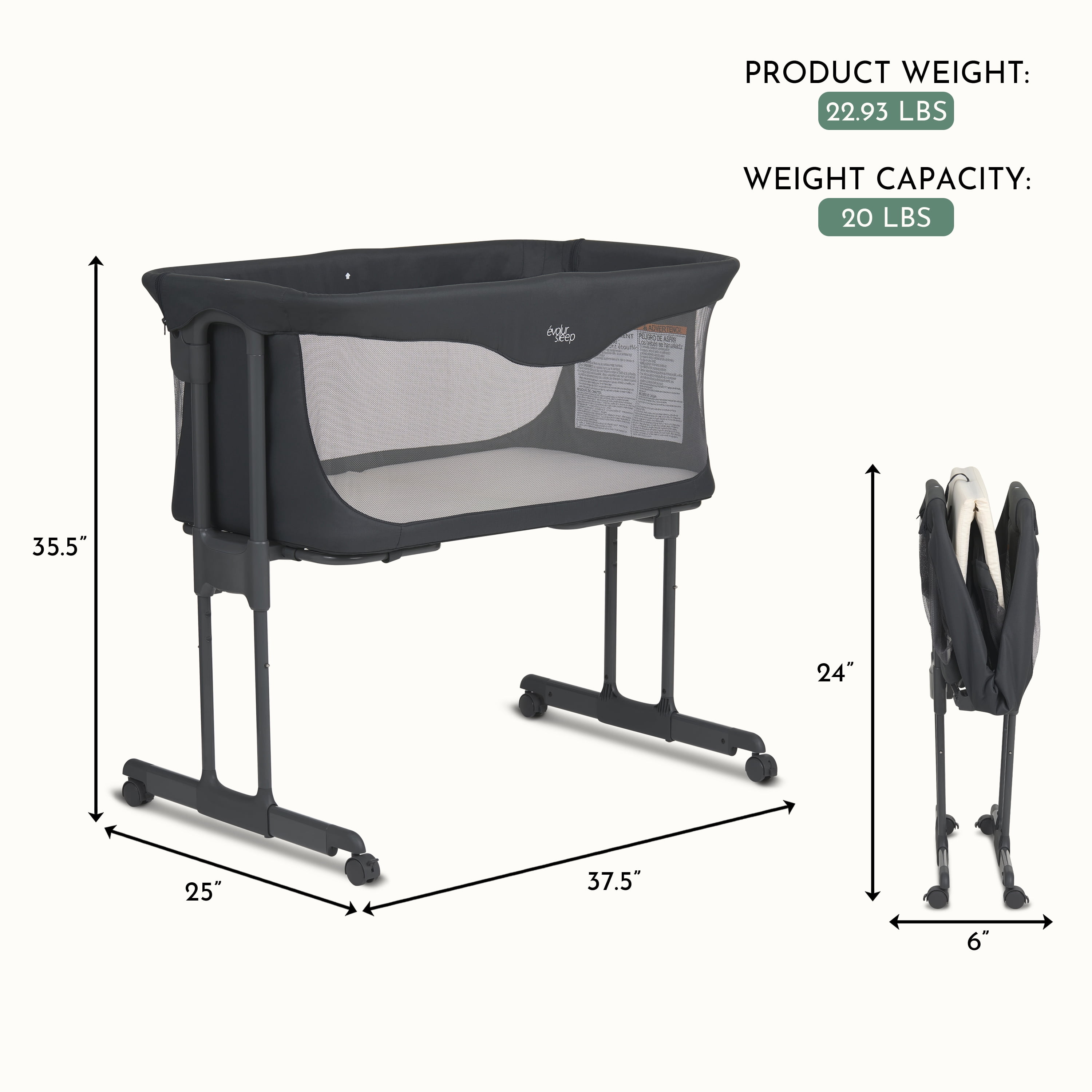 Evolur Kinsley Quickfold Portable Bassinet, Dark Gray