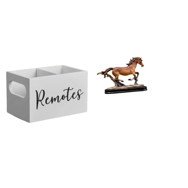 Organizador de almacenamiento de escritorio,Soporte para control remoto de TV de madera,Organizador remoto con 2 compartimentos,Figura de caballo,Escultura de figura de caballo en miniatura
