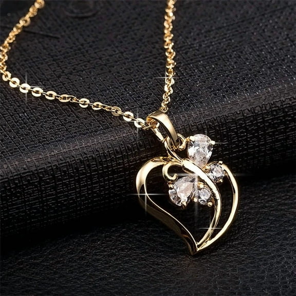 Trendy Cubic Zirconia Butterfly Heart Necklace Pendant 45cm Female 14K Yellow Gold Neck Chain For Women Jewelry collier femme