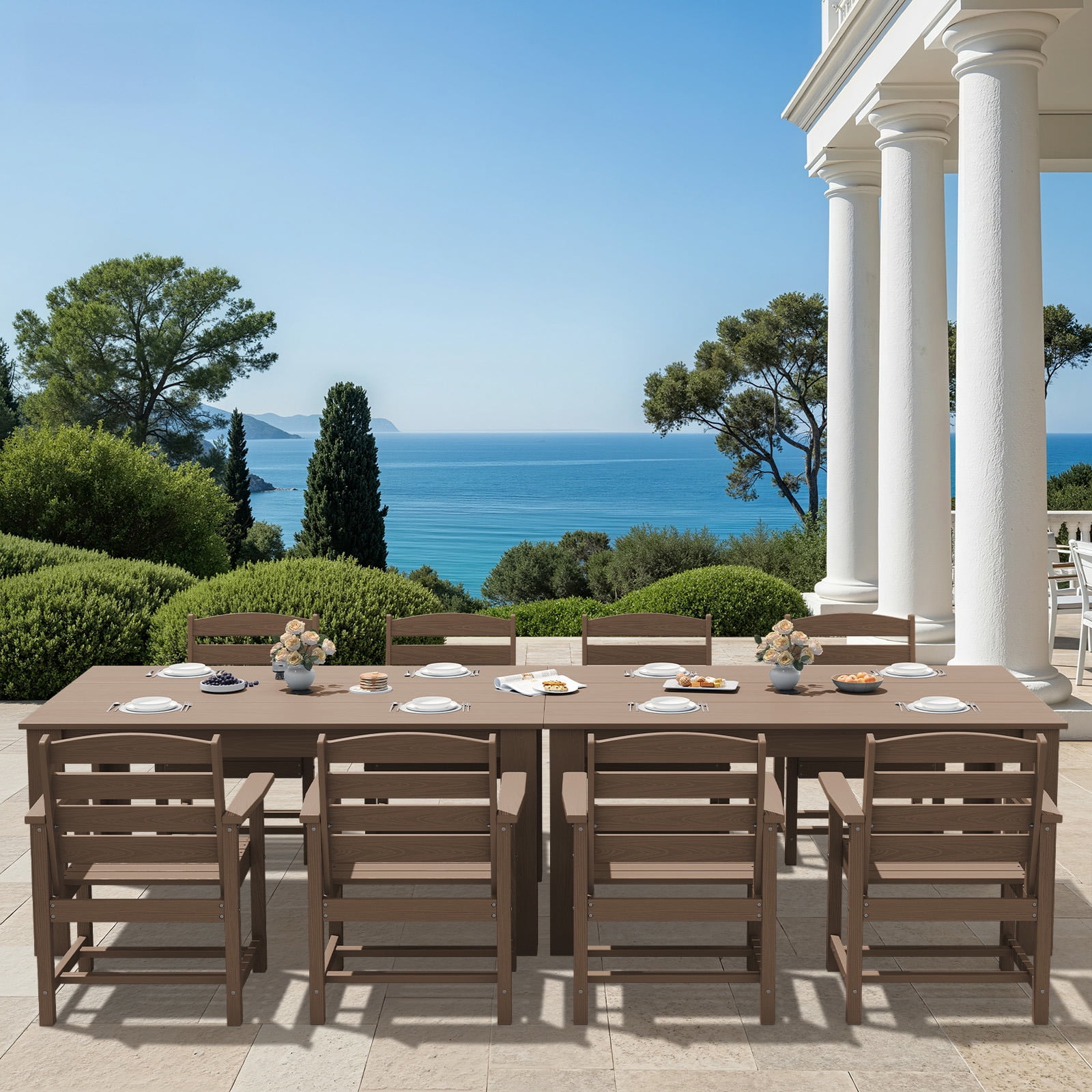 SERWALL 10-Piece Outdoor Dining Set, 2 Rectangle 59" Dining Tables with Umbrella Holes and 8 Patio Dining Chairs with Umbrella Hole for Garden, Deck, Poolside, Brown