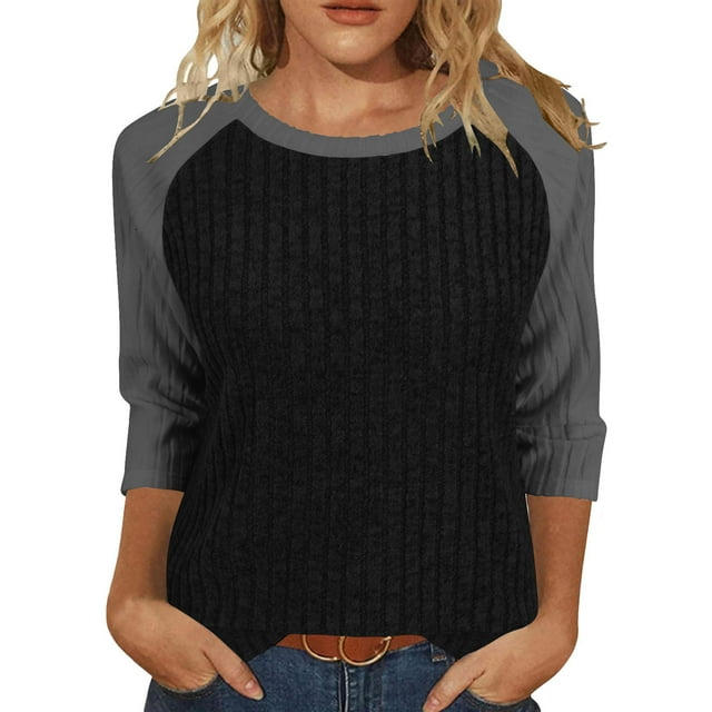 FAIWAD Chandails pour Femmes Manches 3/4 Col Rond Blouses Décontractées Légères Tunique en Tricot à Blocs de Couleur