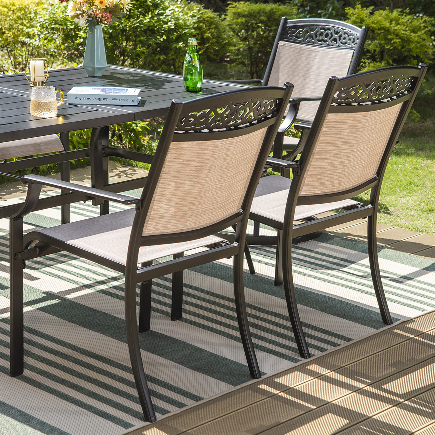 MF Studio 7 Pieces Cast Aluminum Outdoor Patio Dining Set Metal Furniture Set with Rectangle Table and Textilene Chairs for 6 Person, Black&Beige - image 4 of 17