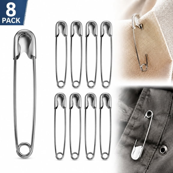 8 Pack 5 Inch Jumbo Safety Pins - Heavy Duty Stainless Steel Extra Large Pins for Upholstery, Sewing, Quilting & Outdoor Crafts (Silver)