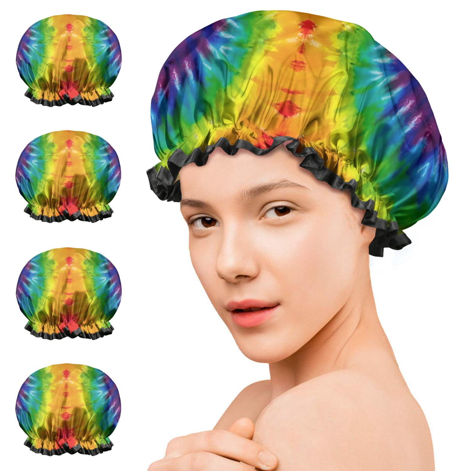 Shower Caps,Colorful Tie Dye Pattern Waterproof Shower Cap for Women 4 Pieces,Double Reusable Hair Cover for Shower PEVA Elastic Stretch Hem