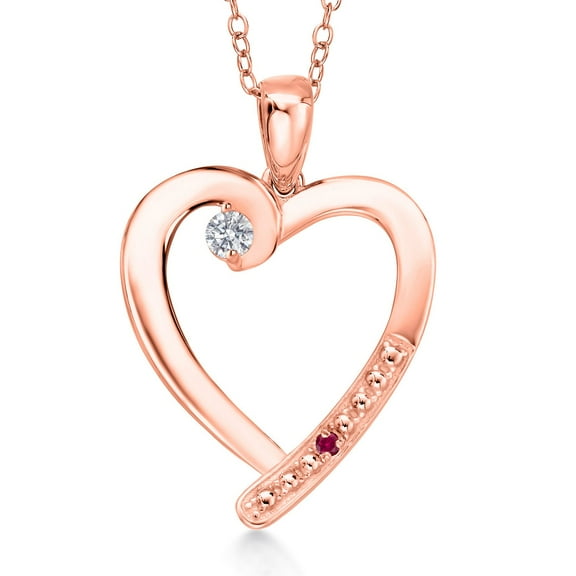 Gem Stone King 18K Rose Gold Plated Silver Lab Grown Diamond and Red Created Ruby Heart Pendant Necklace for Women | 0.19 Cttw | Gemstone April Birthstone | Round 3.5MM | With 18 inch Chain
