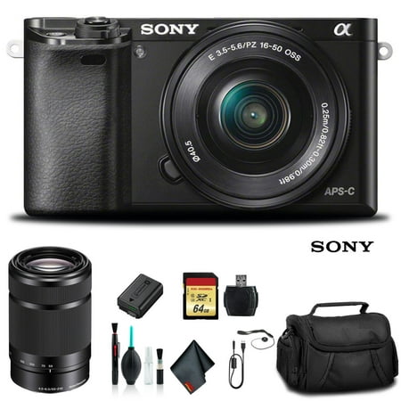 Sony Alpha a6000 Mirrorless Camera with 16-50mm and 55-210mm Lenses ILCE6000Y/B With Soft Bag, 64GB Memory Card, Card Reader , Plus Essential Accessories