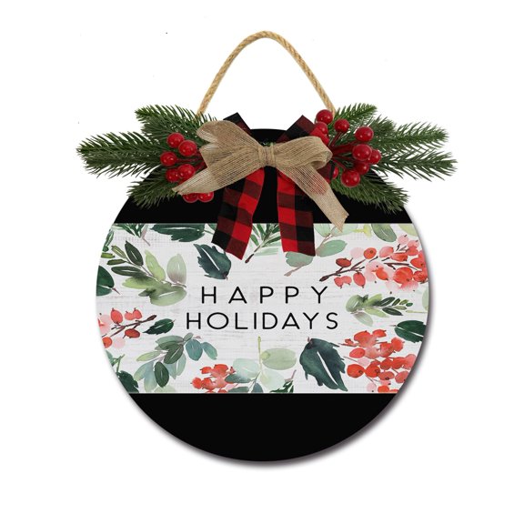 Happy Holidays Wooden Front Door Sign Rustic Round Wreath Wall Hanger Porch Decor Four Seasons Farmhouse Decoration Housewarming Gift 11 Inches