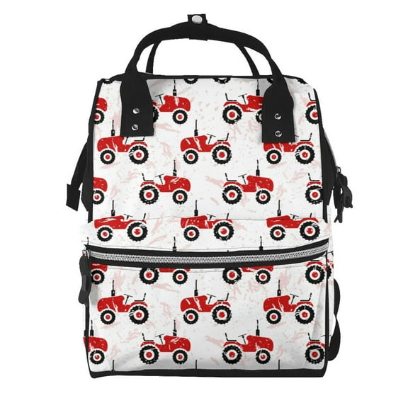 Ratiio Red Wheeled Tractors Mummy Backpack - Waterproof Twill Canvas, Large Capacity Diaper Bag with Multiple Pockets and Adjustable Straps