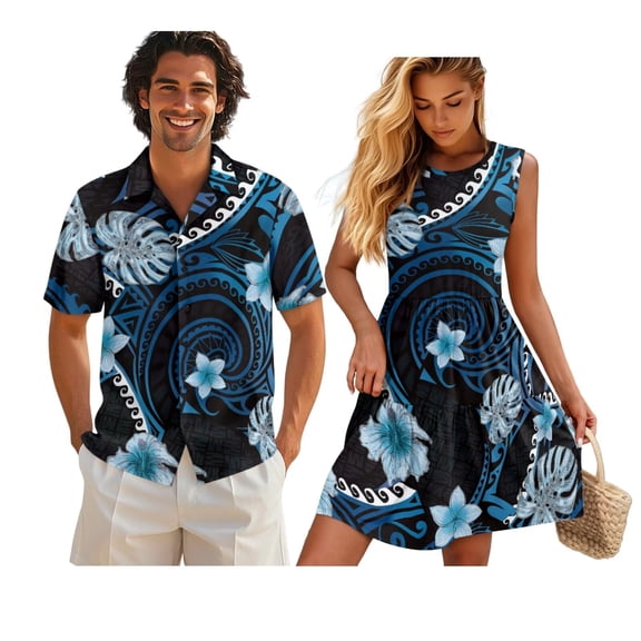 Yuyamidu Matching Beach Outfits for Couples Hibiscus Floral Puletasi Samoan Women's Tank Dress Summer Polynesian Shirt Aloha Shirt Men Samoan Tribal Print Sundress XL