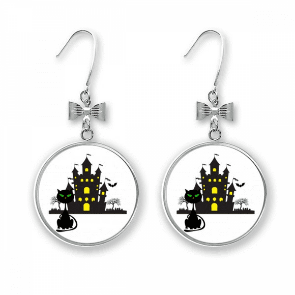 Halloween Horrible Gloomy Castle Cat Bow Earrings Drop Stud Pierced Hook