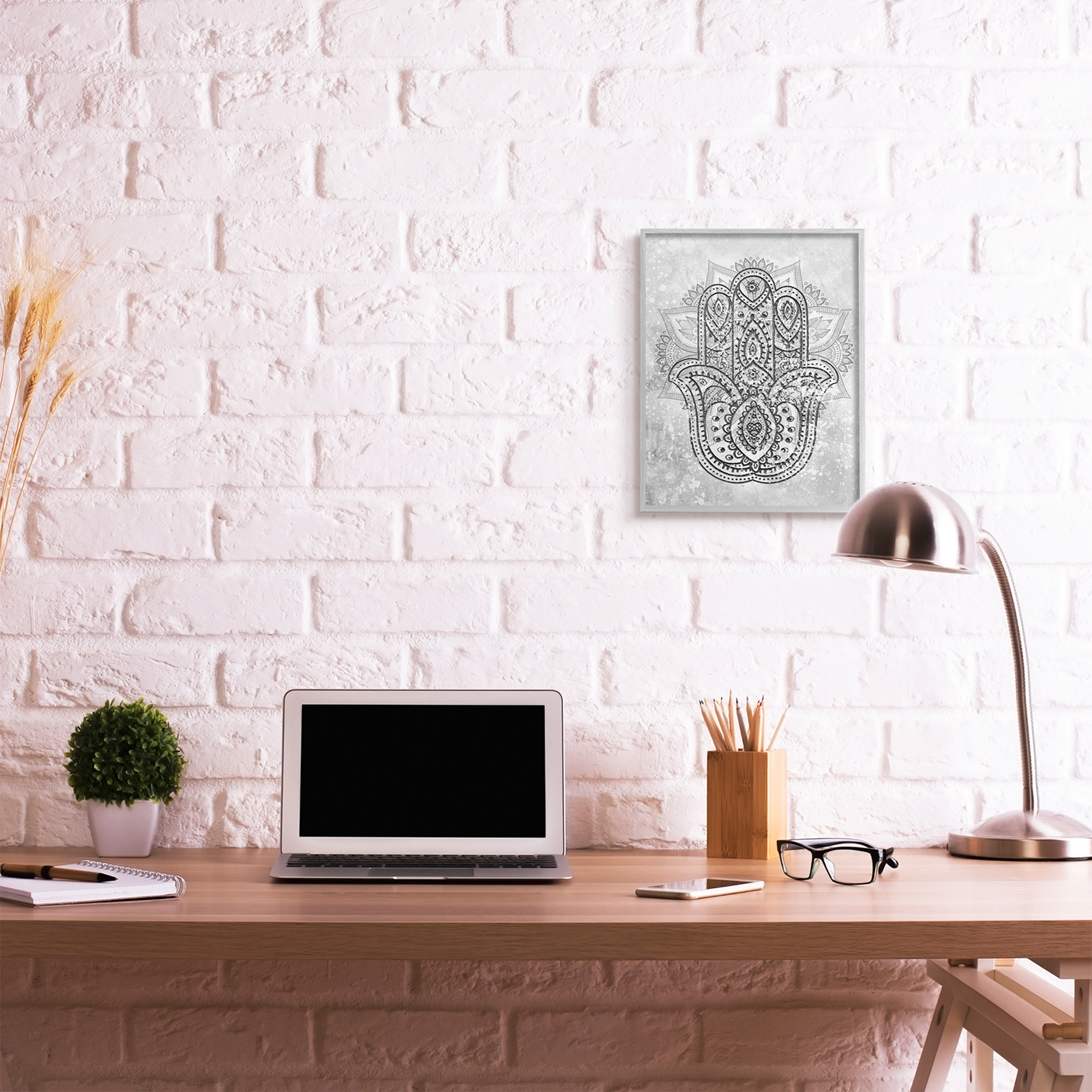 Stupell Industries Hamsa Hand Symbol Intricate Pattern Black Grey Grey Framed, 16 x 20, Design by Daphne Polselli