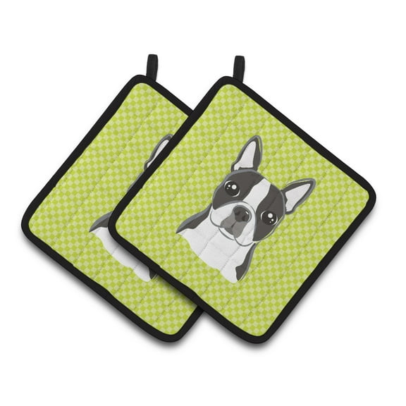 Carolines Treasures BB1139PTHD Lime Checkered Boston Terrier Pair of Pot Holders , 7.5HX7.5W, multicolor