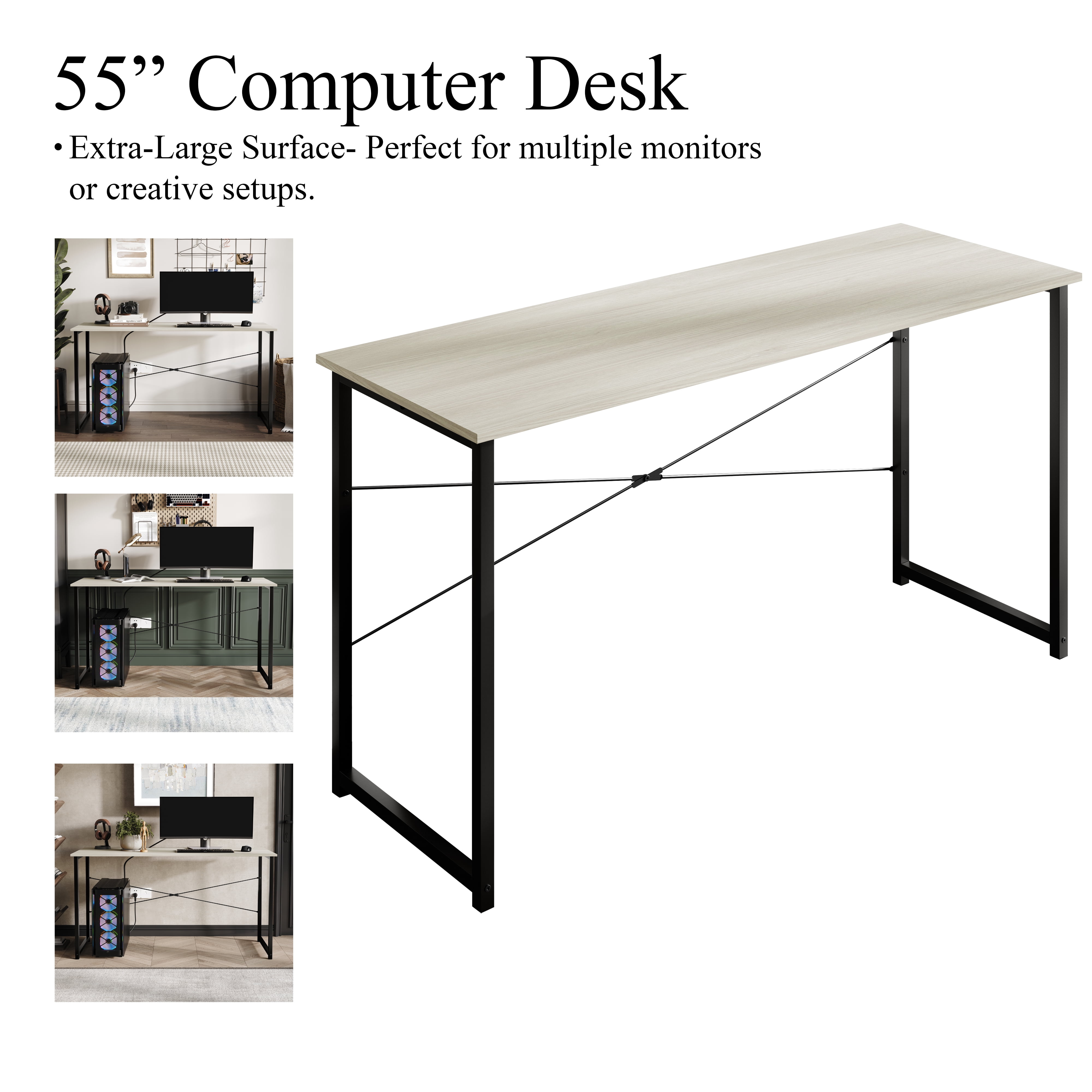 Castle Place Modern 55" Metal Computer Desk, Light Grey