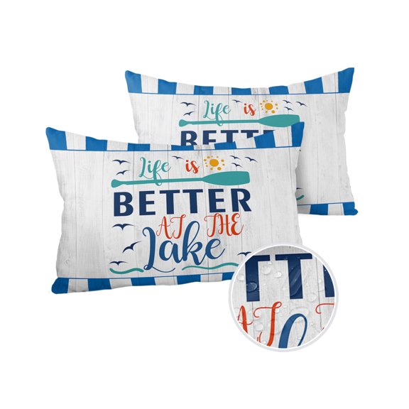 Pack of 2 Outdoor Pillow Covers, LIFE IS BETTER BY THE POOL Summer Cartoon Pattern Blue Waterproof Square Throw Pillowcase Cushion Decorative Pillow Covers for Couch Patio Tent, 20x12 in