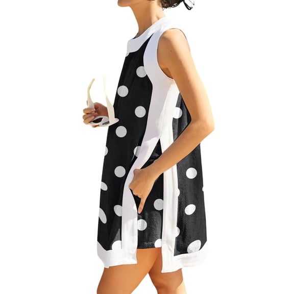 UDAUDU Women's Summer 2 Piece Outfits Polka Dot Boho Trendy Sleeveless Crew Neck Pullover Top Lounge Set Casual Shorts Matching Shorts with Pocket Black 2XL