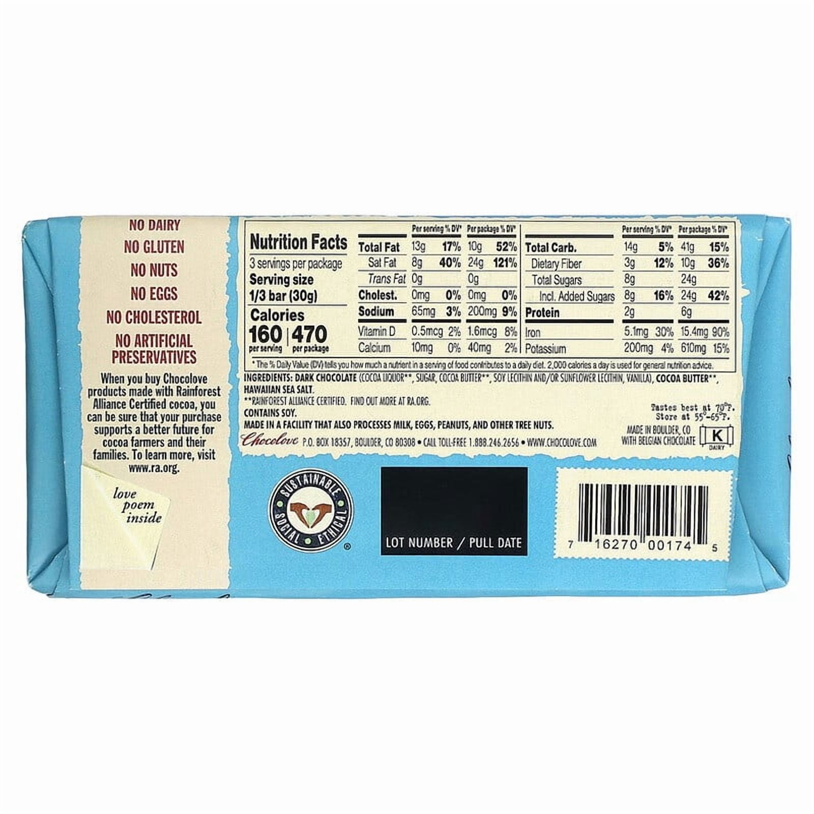 Chocolove, Hawaiian Sea Salt in Strong Dark Chocolate, 72% Cocoa, 3.2 oz Pack of 2