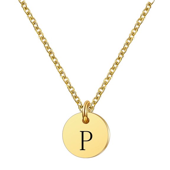 PAURO Initial Necklace for Women Letter A-Z Alphabet Circle Pendant Gold Plated Stainless Steel Simple Dainty Personalized Jewelry Gold Letter P