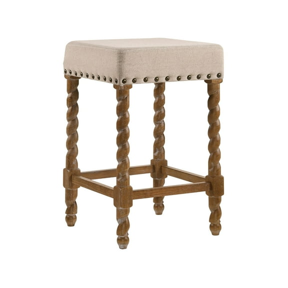 Contemporary Home Living 24" Brown and Beige Nailhead Trimmed Counter Stool with Barley Twist Legs