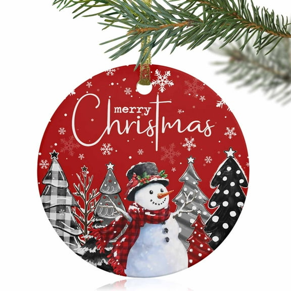 Christmas Snowman Black Plaid Pine Tree Christmas Ceramic Ornament 2025,3" Round Xmas Tree Hanging Accessories with Gold Ribbon