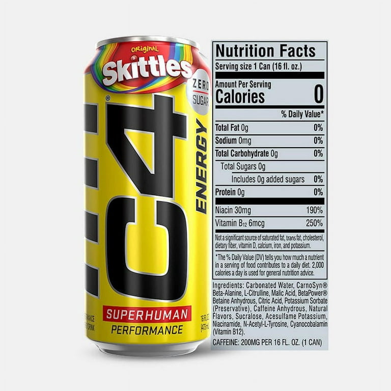 C4 Energy Drink, Skittles, Sugar Free, Carbonated Pre Workout Drink, 16 oz,  12 pack 