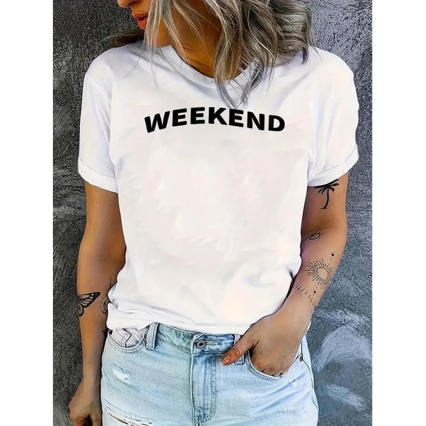 Women's Casual Chic Weekend Graphic Tee - Comfy Stretchy Polyester & Spandex Blend, Round Neck Short Sleeve T-Shirt with Letter Print, Machine Washable - Perfect for Summer
