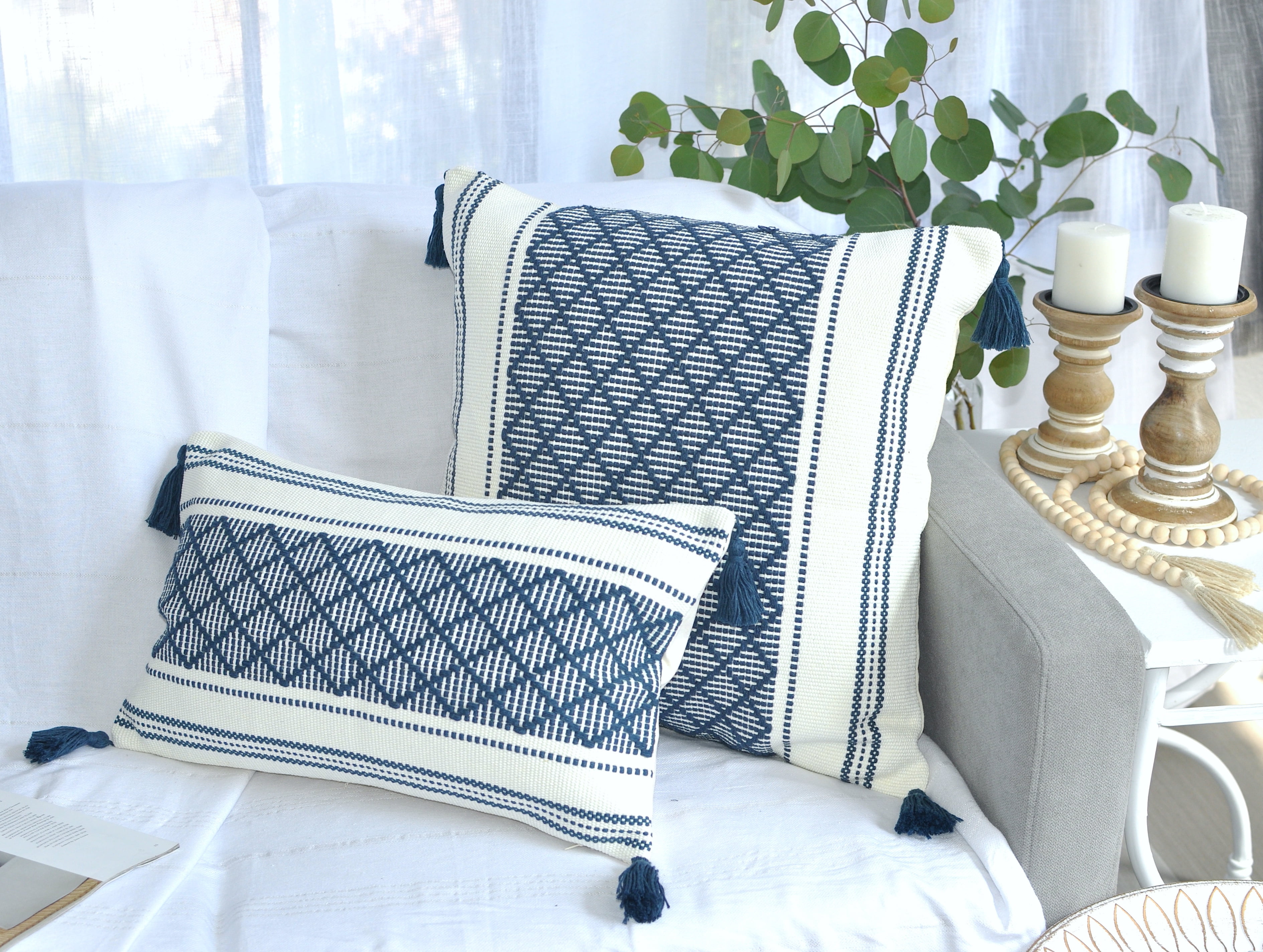 Boho Cotton Throw Pillow Cover with Tassels 20x20 Navy Blue Cream for Living Room Sofa Farmhouse Walmart