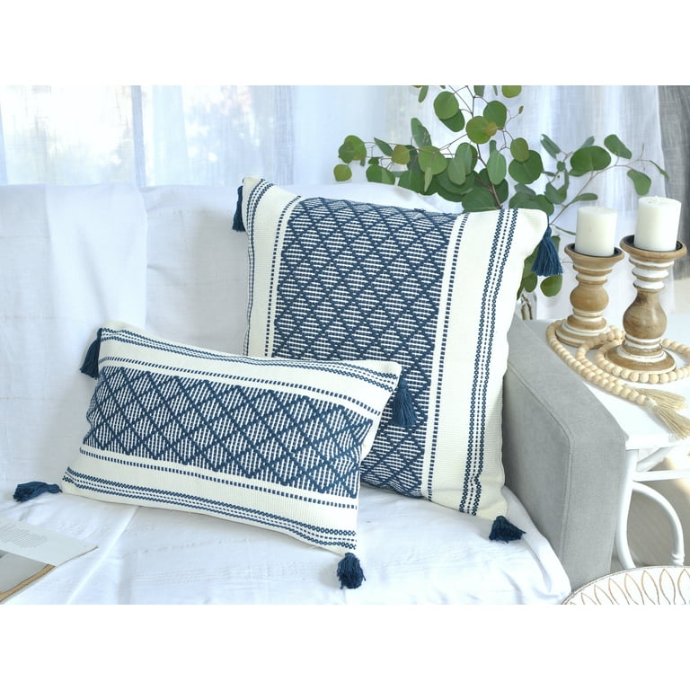 Oveesha Boho Throw Pillow Cover with Tassels 20x20 Inches Navy Blue Cream Decorative Pillow Cover for Living Room Couch Sofa Farmhouse Woven Pillow