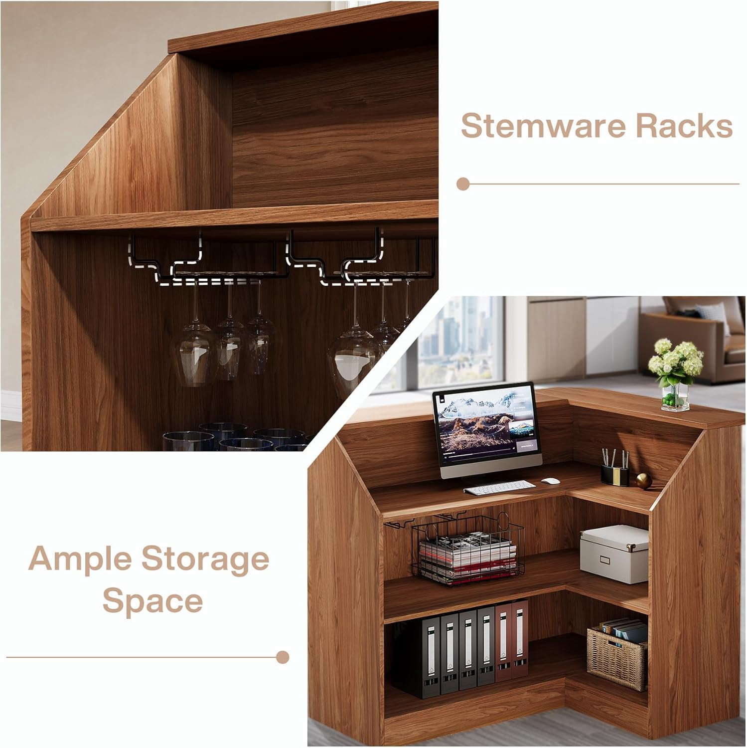 Finmind L-Shaped Reception Desk with Storage Shelves, Modern Front Counter Table for Office, Salon, Checkout Office, Vintage Brown