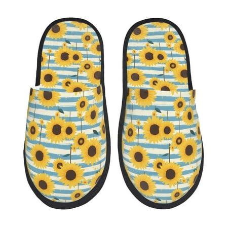 Balery Blue White Striped Sunflower A Slient Indoor Furry Fleece Comfort House Shoes Soft Non-Slip Home Shoes Cotton slippers House Slippers-- Large