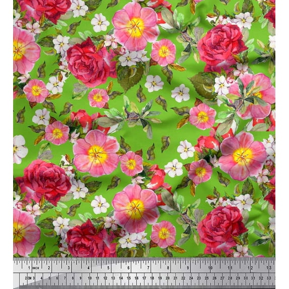 Soimoi polyester Crepe Fabric Leaves,Clematis & Rose Floral Print Fabric by the Yard 42 Inch Wide