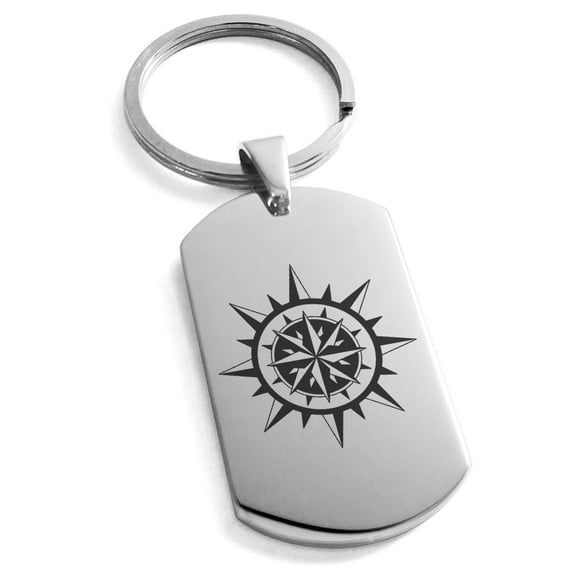 Tioneer Stainless Steel Nautical Concentric Compass Engraved Dog Tag Keychain Keyring