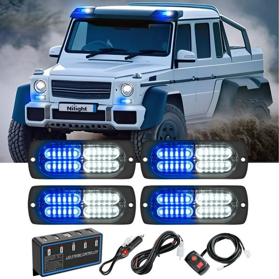 Nilight 4PCS LED Strobe lights 12V 24V Sync Feature Blue White 24LED Emergency Hazard Warning Lights with Controller Hard Wire or Cigarette Lighter Plug for Car Truck RV