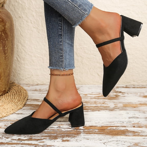 NexTorq Womens Dress Shoes Sandals Pointed Toe Low Heel Pumps Suede Chunky Block Heel Wedding 2 Inch, Black, 5.5