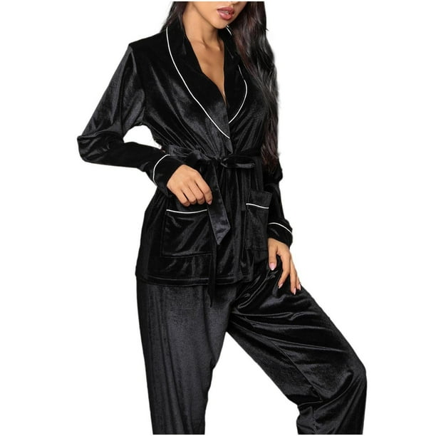 Gibobby camisón largo para mujer Acolchadas Y Engrosadas Otoño E Invierno Se Pueden Usar Afuera De Tamaño Retro Ocio Cómodo Ropa De Conjunto De Pantalones De Pijama (Negro, L)