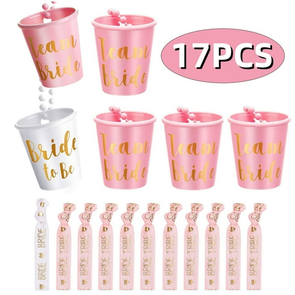 Bachelorette Party Gifts for Bride Bachelorette Gift Shot Glass Necklace with Gold Foil and Wrists for Wedding Bachelor Party favors and Bridal Shower Decorations Accessories 17PCS Pink