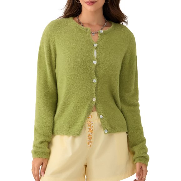 Gupgi Women's Knit Cardigan Solid Color Crewneck Long Sleeve Button Down Sweater Soft Lightweight Ribbed Coat Tops