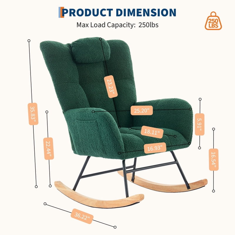 TROPOW Rocking Chair, Teddy Upholstered Glider Rocker, Nursery Glider Rocker with Wood Legs & Dual Side Pockets, Nursery Rocking Chair for Living Room, Bedroom